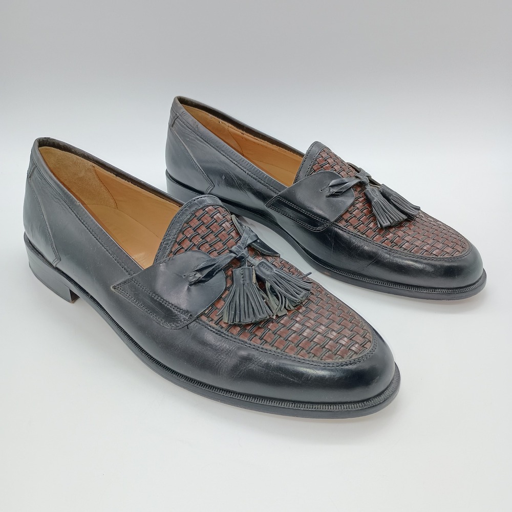Johnston & Murphy Cellini Mens 11 M Black Brown Woven Leather Tassel Loafers